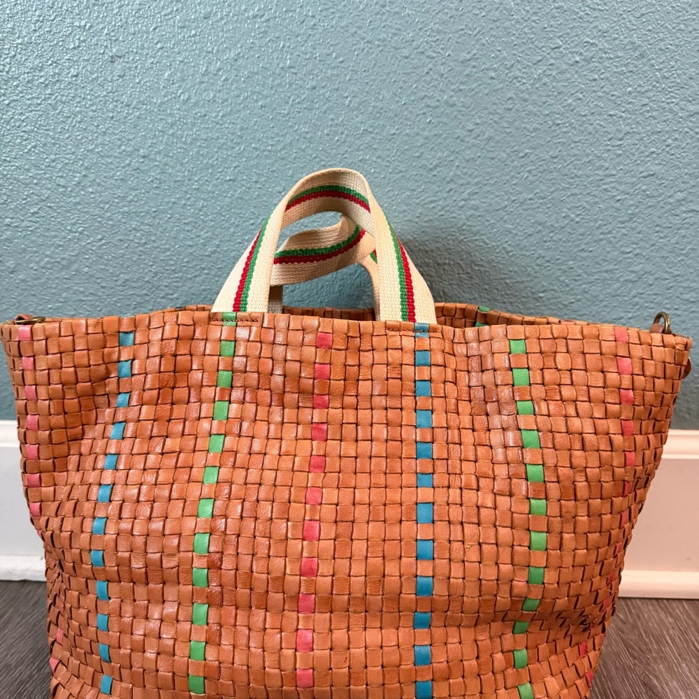 Woven Tan Leather Tote Bag with Multicolor Stripes - Picture 4 of 10
